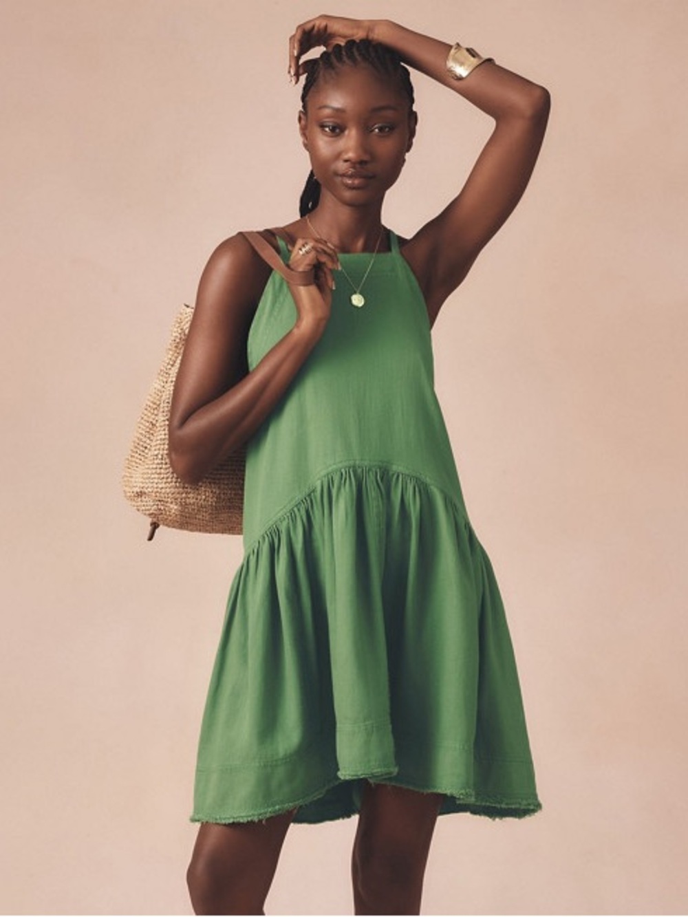Pilcro Green Halter-Tie Tiered Mini Dress